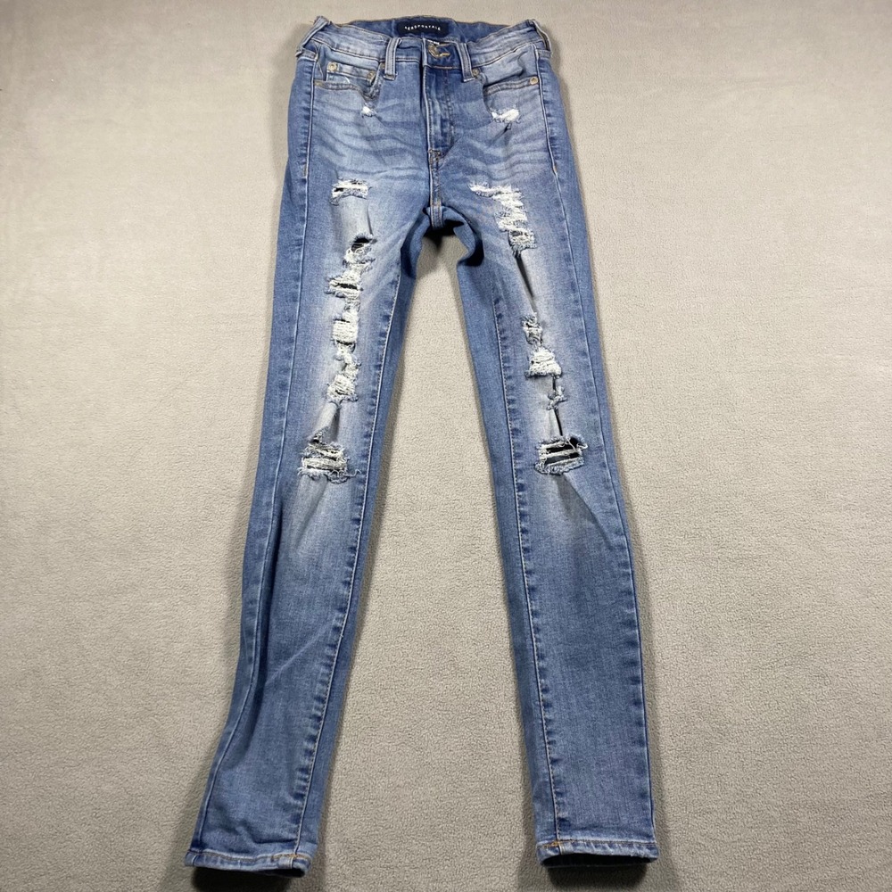 Aeropostale Women's 00 Regular Blue Jegging Jeans Super High Rise Distressed